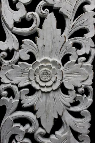 Balinese Lotus Wall art Panel Hand carved wood White washed Bali architectural 3