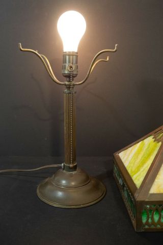Bradley and Hubbard,  Arts and craft slag glass lamp,  with green and cream glass. 2