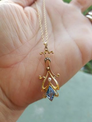 Antique Amethyst? Seed Pearl 10k Gold Pendant With 14k Gold Chain.