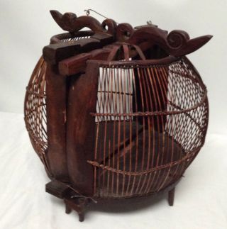 Unique Early 20th Century Hand Made Brown Wooden Bird Cage