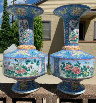 Estate Old House Chinese Antique 567 Floral Cloisonne Vase With Cranes One Pair