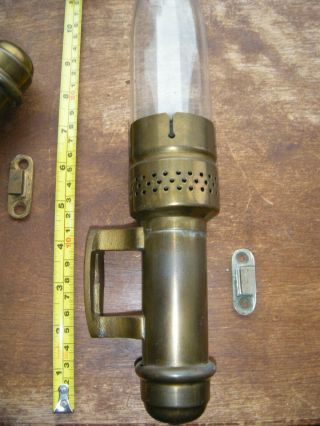 2 Vintage 1907 Brass Adams Caboose Candle Lamps Lights RR Pyrex Globes Railroad 5