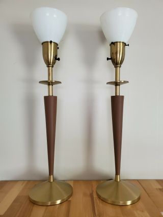 Vintage Pair Brass Table Lamps Mid Century Modern Modernist Rembrant? Atomic
