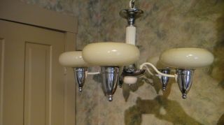 Vintage Art Deco 5 Arm Hanging Ceiling Chandelier Light W/custard Glass Shade 2