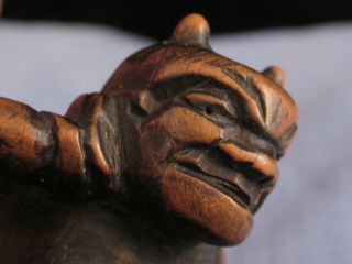 MEIJI ANTIQUE JAPANESE CARVED WOODEN NETSUKE READING BOOK DEMON GOD FIGURINE 5