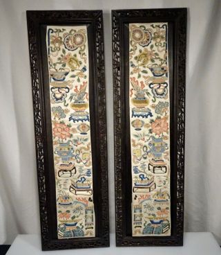 Pair Chinese Silk Embroidered Panels In Carved Wood Frames - 56326