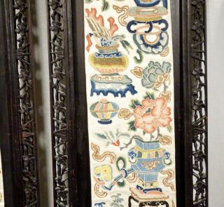 Pair Chinese Silk Embroidered Panels in Carved Wood Frames - 56326 6