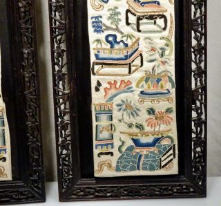 Pair Chinese Silk Embroidered Panels in Carved Wood Frames - 56326 7