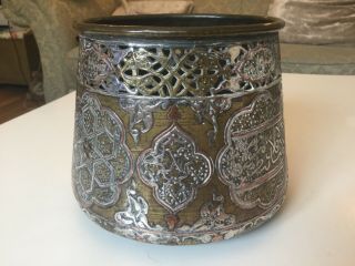 Antique Cairoware Persian Islamic Arabic Mamluk Vase Pot Brass & Silver 135 Mm