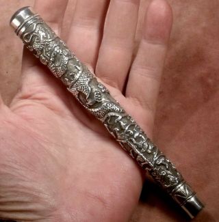 Antique Solid Silver Chinese Dragon Serpent Walking Stick Parasol Handle
