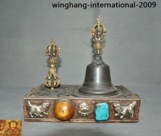 9 " Bronze Gilt Meteorite Iron Silver Inlay Gem Bell Ghanta Phurpa Vajra Dorje Set