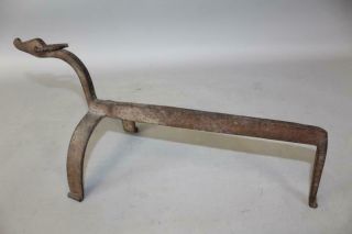 RARE 17TH C DECORATED WROUGHT IRON FIRE DOG OR SKEWER HOLDER IN OLD SURFACE 10