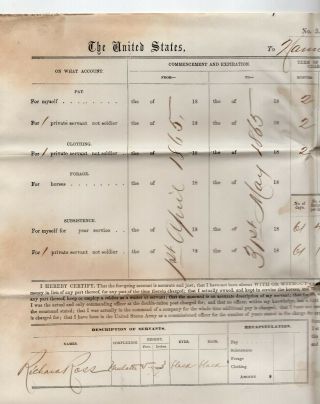 1865 Document Pay & Subsistence For Black Servant,  Capt Hannibal Norton