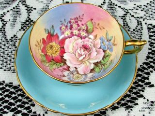 Rare Paragon Hand Painted Pink Rose Floral Rainbow Aqua Tea Cup & Saucer