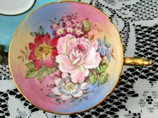 RARE PARAGON HAND PAINTED PINK ROSE FLORAL RAINBOW AQUA TEA CUP & SAUCER 4