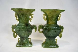 Vintage Antique Chinese Carved Green Jade Vases