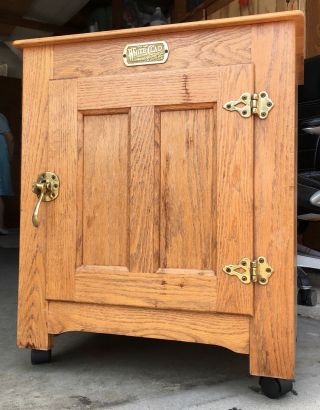 Vintage White Clad Ice Box Cabinet,  Oak Side End Table Simmons Brass Hardware