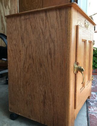 Vintage White Clad Ice Box Cabinet,  Oak Side End Table Simmons Brass Hardware 3