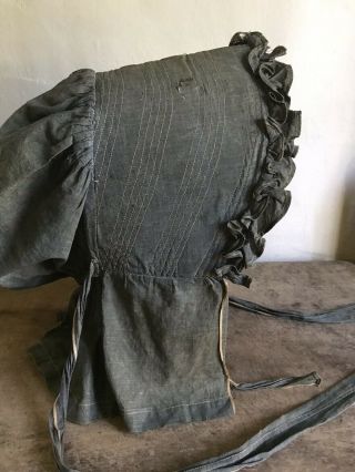 WORN Early Antique Blue Handmade Ladies Large Bonnet 19th C Textile AAFA 2