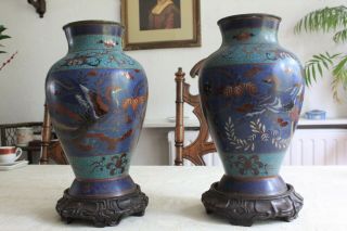 2 Large C19th Japanese Cloisonne Vases Carved Wood Stands Birds Feathers 40cm