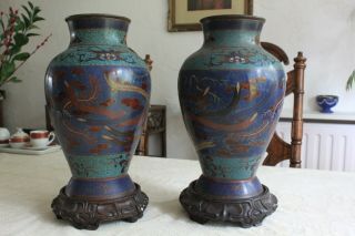 2 Large C19th Japanese Cloisonne Vases Carved Wood Stands Birds Feathers 40cm 3