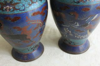 2 Large C19th Japanese Cloisonne Vases Carved Wood Stands Birds Feathers 40cm 5