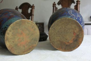 2 Large C19th Japanese Cloisonne Vases Carved Wood Stands Birds Feathers 40cm 7