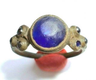 Medieval Ancient Bronze Ring With Blue Stones Roman