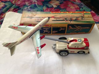 50s Twa Automatic Take Off And Landing Jet Tin Toy Airplane & Box Nomura
