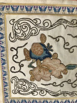 Antique Chinese Silk Embroidery Panel Forbidden Stitch Bats & Flowers 6