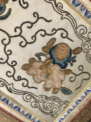 Antique Chinese Silk Embroidery Panel Forbidden Stitch Bats & Flowers 8