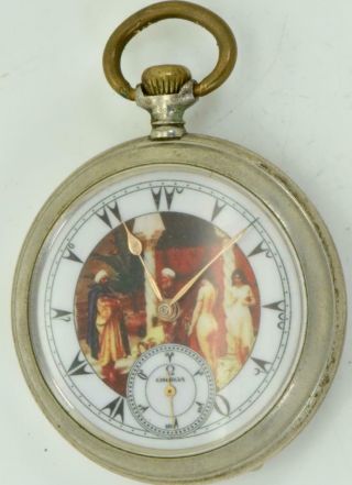 Rare Antique Omega Fancy Pocket Watch For Ottoman Market.  Fine Enamel Erotic Dial