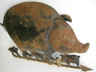 VINTAGE IRON PIG WITH PIGLETS WEATHER VANE / WEATHERVANE.  EMBOSSED 2