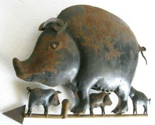 VINTAGE IRON PIG WITH PIGLETS WEATHER VANE / WEATHERVANE.  EMBOSSED 8