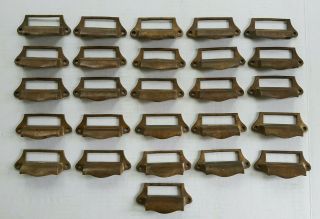 Set 26 Vintage Antique Apothecary Solid Brass Bin Pulls With Label Holder