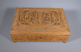 Fine 19th C.  Anglo Indian Carved Sandal Wood Sandalwood Box Casket Mysore
