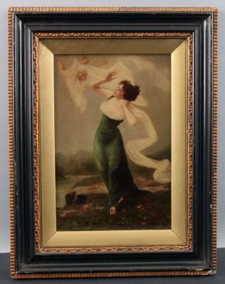 Antique Edouard Bisson French Reverse Glass Painting,  Woman W/ Cherub Putti