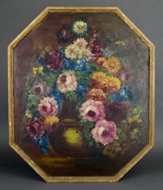 Antique 19th Century Nan Meyer Floral Still Life Oil Painting On Wood Roses