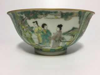 Chinese Antique Green Wucai Porcelain Figure Bowl 18th Century Yongzheng Mark 2