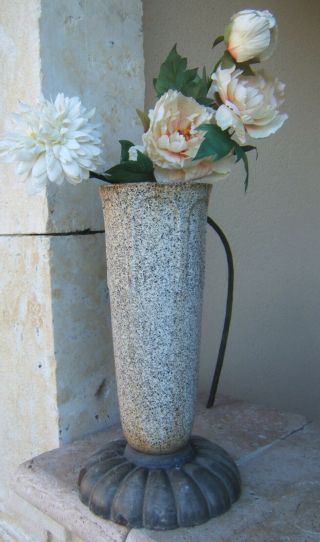 Antique Timeworn French Art Deco Cast Iron Vase Pedestal Ribbed Foot Garden Urn