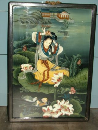 Chinese Reverse Painting On Glass Kuan Yin On Lotus Pad Mandarin Ducks