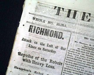 Richmond - Petersburg Campaign Battle Of Vaughan Road Va Civil War 1864 Newspaper
