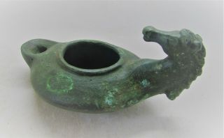 Finest Circa 200 - 400ad Roman Bronze Oil Lamp With Horse Head Terminal Rare
