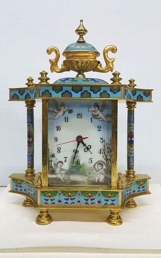 Vintage Chinese Table Clock Cloisonne Enamel Hand Painted And Bronze Mechanical