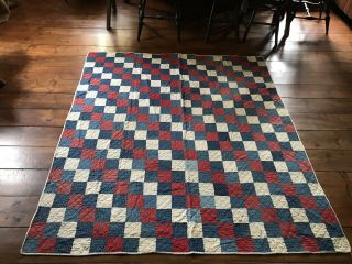 Early Antique All Calico Red White Blue Hand Sewn Quilt Textile A,