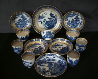 13x Piece 18th C Chinese Export Blue And White Tea Bowl Cup Saucer Dish Vase A/f