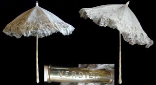 Antique Victorian Verdier Carved Marquise Brussels Lace Parasol Umbrella Ca 1860