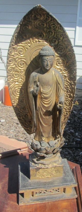 Large Gorgeous Carved Antique Japanese Gilt Wood Figure Statue Buddha Mandorla