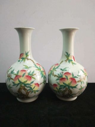 2 X - Chinese Famille Rose Porcelain Peaches Vases Marks Qianlong