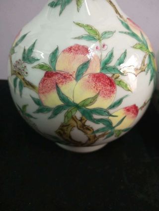 2 x - Chinese Famille Rose Porcelain Peaches Vases Marks QianLong 4